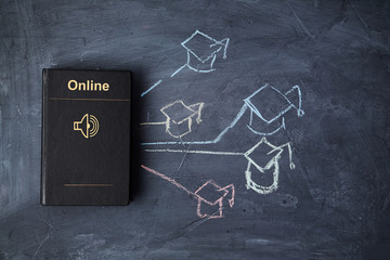 E-learning and online education or web lesson. E-library and e-book. Book on blackboard and graduate cap.