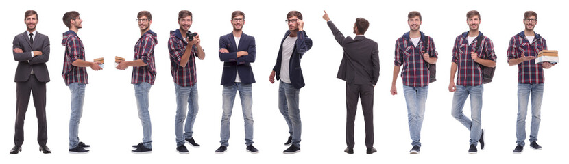 panoramic collage of self-motivated young man .isolated on white