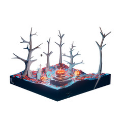 Halloween night with blue moonlight and pumpkins, cemetery in the dark forest. 3d graveyard illustration. Isolated on white background.
