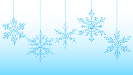 Christmas large complex translucent hanging snowflakes on light blue background. Transparency only in vector format