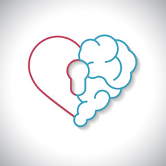 Emotional brain lock security. Broken Heart and Brain with key hall vector flat modern icon logo vector design. Interaction between soul key for intelligence, emotions,  divorce,  rational thinking