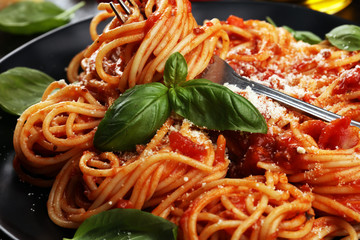 Plate of delicious spaghetti Bolognaise or Bolognese with savory minced beef and tomato sauce...