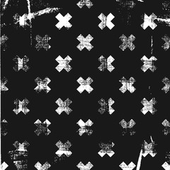 Grunge abstract pattern with cross element. Square black and white backdrop.