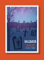 halloween postcard with dark cemetery scene