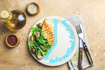 Intermittent fastin concept. One-third plate with healthy food and two-third plate is empty....