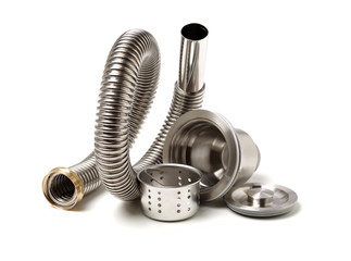 closeup of kitchen drain assembly on white background