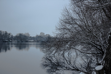 Trees covered by snow next to a river