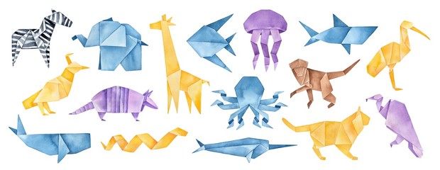 Big illustration collection of folded Origami Animals. Blue, yellow, violet, brown colors. Hand painted watercolour graphic drawing on white background, cut out clipart elements for creative design.