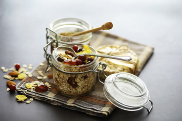 Healthy breakfast. Muesli from cereals with milk berries.