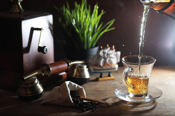 Brewing tea on a wooden table