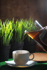 Brewing tea on a wooden table