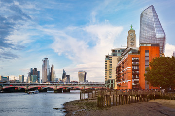 London at sunset with riverside buildings, Blackfriars Bridge and the City of London