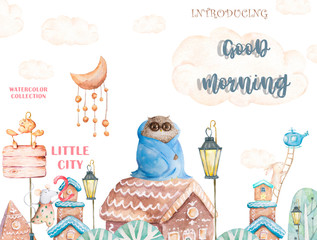 Cute watercolor boho funny owls on the house, cartoon city and fly airships illustration by national american motifs for baby shower, cards, flyers, posters, prints, holiday, clothes, children