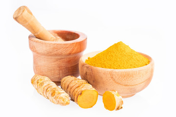 Curcuma longa - Roots and turmeric powder. Text space