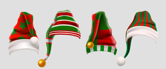Winter Woolen Elves Hat Christmas Set. Xmas Green and Red Fur Cap Photo Booth Props for Kids. Santa Claus hat. Winter clothes. Christmas 3d realistic vector icon set - obrazy, fototapety, plakaty