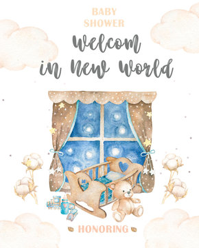 Watercolor cute cardle and window. For greeting cards,posters for baby room, baby shower, invite, kids and baby t-shirts and wear. Colorful illustration on white background
