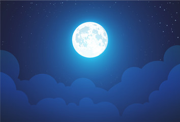 Night with Full Moon - Beautiful vector wallpaper, background illustration with landscape in dark blue color. Sky panorama with stars and clouds and copy space.