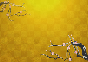 金箔の市松模様と梅