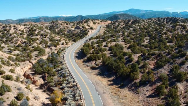 Aerial view of desert highway, Santa Fe, New Mexico, United States, 