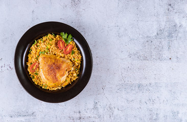 Rice and pasta with vegetables and chicken. Asian food.