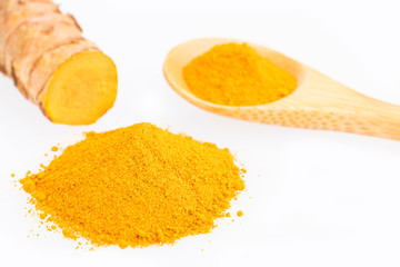 Curcuma longa - Roots and turmeric powder. Text space