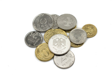 An assorted pile of Russian federation coins shot close up, isolated on a white background