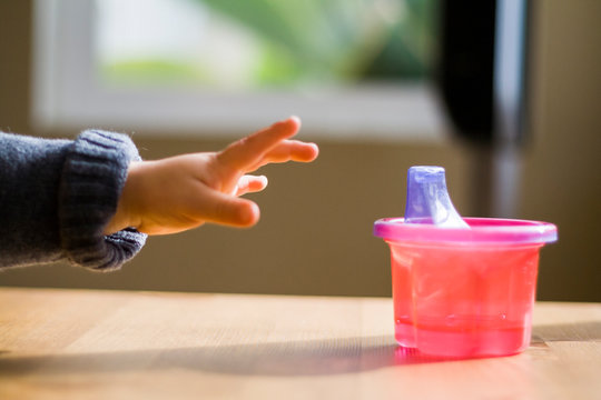 Child reaching for a sippy cup.