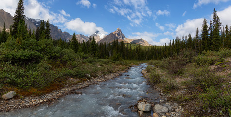 Glacier River Flowing in the beautiful Canadian Rockies during a sunny summer day. Taken in Jasper National Park, Alberta, Canada.