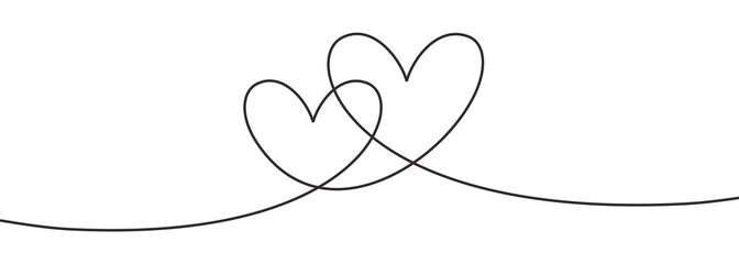 Continuous line drawing two hearts embracing, Black and white vector minimalist illustration of love concept minimalism one hand drawn sketch romantic theme. - obrazy, fototapety, plakaty