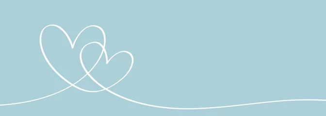 Romantische fortlaufende Linienzeichnung des Liebeszeichens mit zwei Herzen, die das Symbol umarmen. Vektorillustrations-Minimalismusdesign auf blauer Pastellfarbe. © ngupakarti