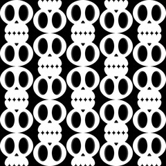 Fototapeta premium Seamless vector funky monocrome pattern of skull. Creepy cute isolated linear black line silhouette of human skull on dark background. Halloween, death theme.