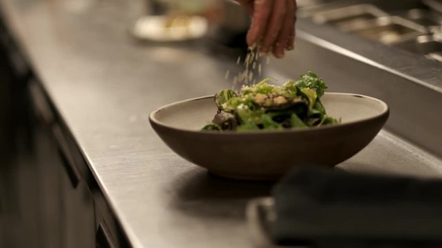 Close-up shot of a chef decorating a plate before serving it