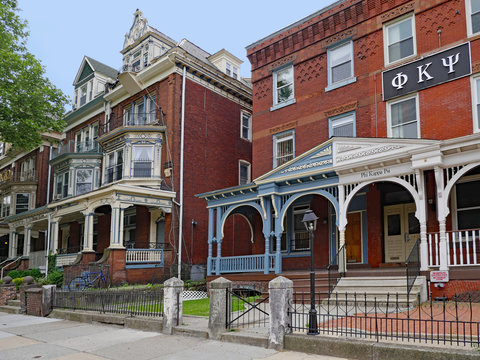 PHILADELPHIA - MAY 2019:  The residential area around the University of Pennsylvania, has many large old houses with large porches used as fraternity and sorority houses.