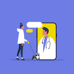 Veterinary doctor appointment. Online consultation. Modern healthcare technologies. Hospital. Millennial female patient with a dog. Flat editable vector illustration, clip art