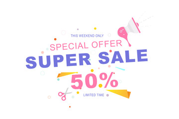 Super Sale tag with 50% special offer on white background. Font inscription with loudspeaker and scissors. Flat Vector Illustration EPS10