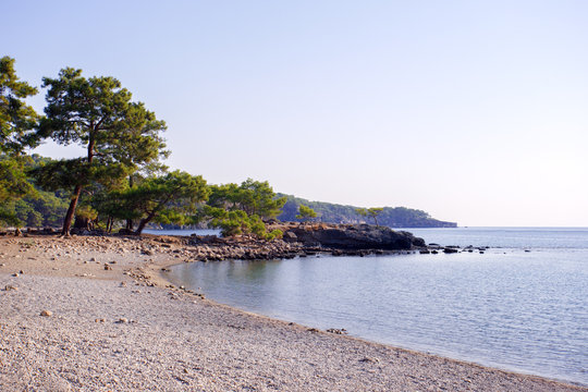 Panoramic view of Mediterranean sea coast at Phaselis, Kemer, Turkey.