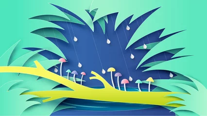 Zelfklevend Fotobehang Landschap van de natuur in regenwoud en kleurrijke paddenstoelen groeien op het logboek. Grafisch ontwerp voor het regenseizoen. Papier knippen en ambachtelijke stijl. vector, illustratie. © ibom