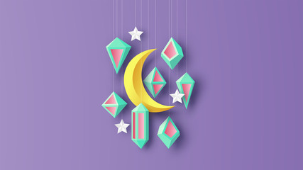 Paper art of Ramadan Kareem crescent moon decorated with star and lantern hanging down from the night sky. paper cut and craft style. vector, illustration. © ibom