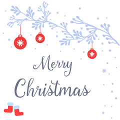 Fototapeta premium Greeting card merry christmas, with modern blue leaf flower frame, isolated on white background. Vector
