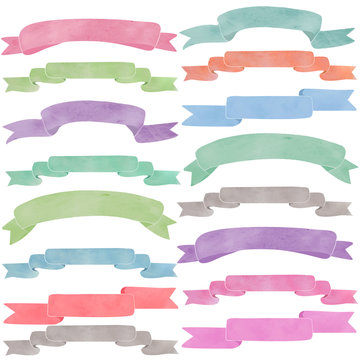 Watercolor Banners and Ribbons Clip Art on Isolated Background