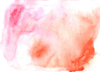 Fototapeta premium Watercolor abstract background. Coral pink delicate blot on a white background. Hand drawn. Color illustration with space for text and image. Use for card, text, logo, tag 