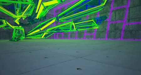 Abstract architectural concrete and glass interior of a minimalist house with color gradient neon lighting. 3D illustration and rendering.
