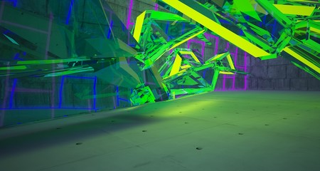 Abstract architectural concrete and glass interior of a minimalist house with color gradient neon lighting. 3D illustration and rendering.