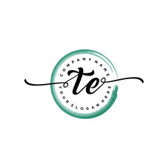 TE initial handwriting logo template. round logo in watercolor color with handwritten letters in the middle. Handwritten logos are used for, weddings, fashion, jewelry, boutiques and business