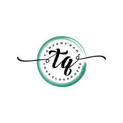 TQ initial handwriting logo template. round logo in watercolor color with handwritten letters in the middle. Handwritten logos are used for, weddings, fashion, jewelry, boutiques and business