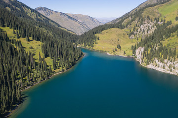 Aerial view of the second Kolsay lake in Kazakhstan