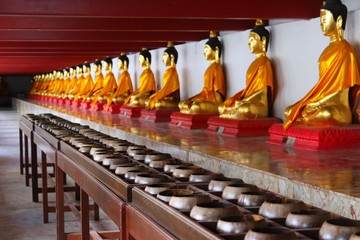 many gold buddha image in the temple