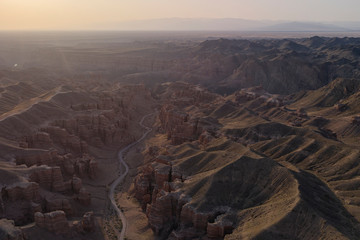 Aerial view of the Charyn Canyon in Kazakhstan, Central Asia, at sunset