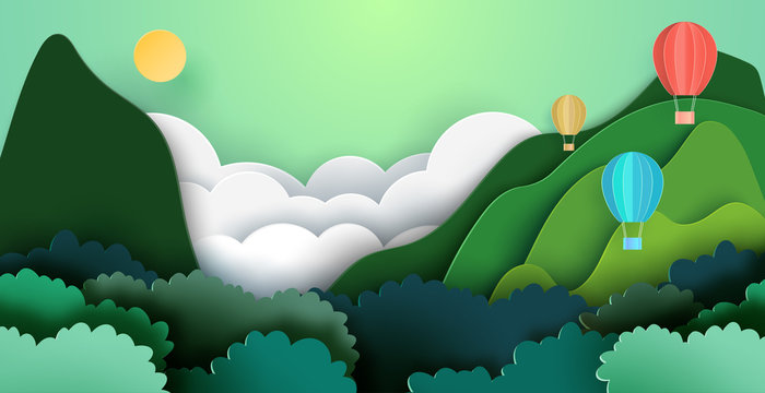 Summer travel and adventure concept with hot air balloons on mountains and forest nature landscape background paper art style.Vector illustration.