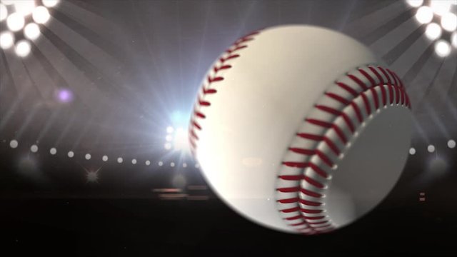 A 3D render of a baseball accelerating into view with stadium lights in the background.